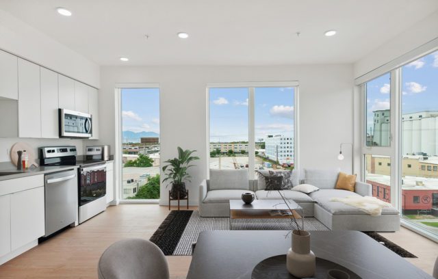 Model living room with large windows